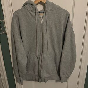 Brandy Melville Gray Zip Up Sweater with Hood and Ribbed Cuffs